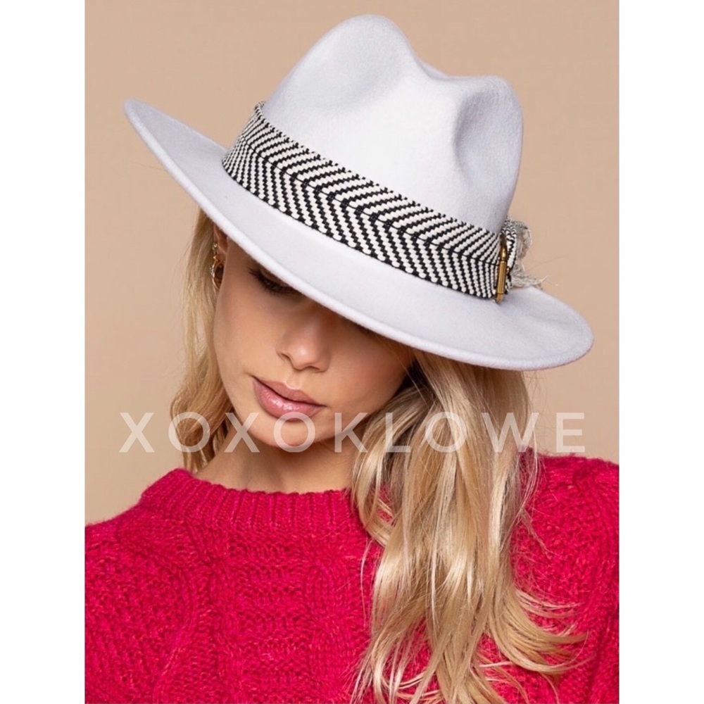Ivory Wool Wide Brim Hat with Chevron Pattern Buckle Strap